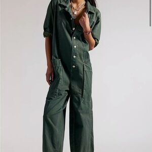 Free People Forest Green Button-Up Jumpsuit